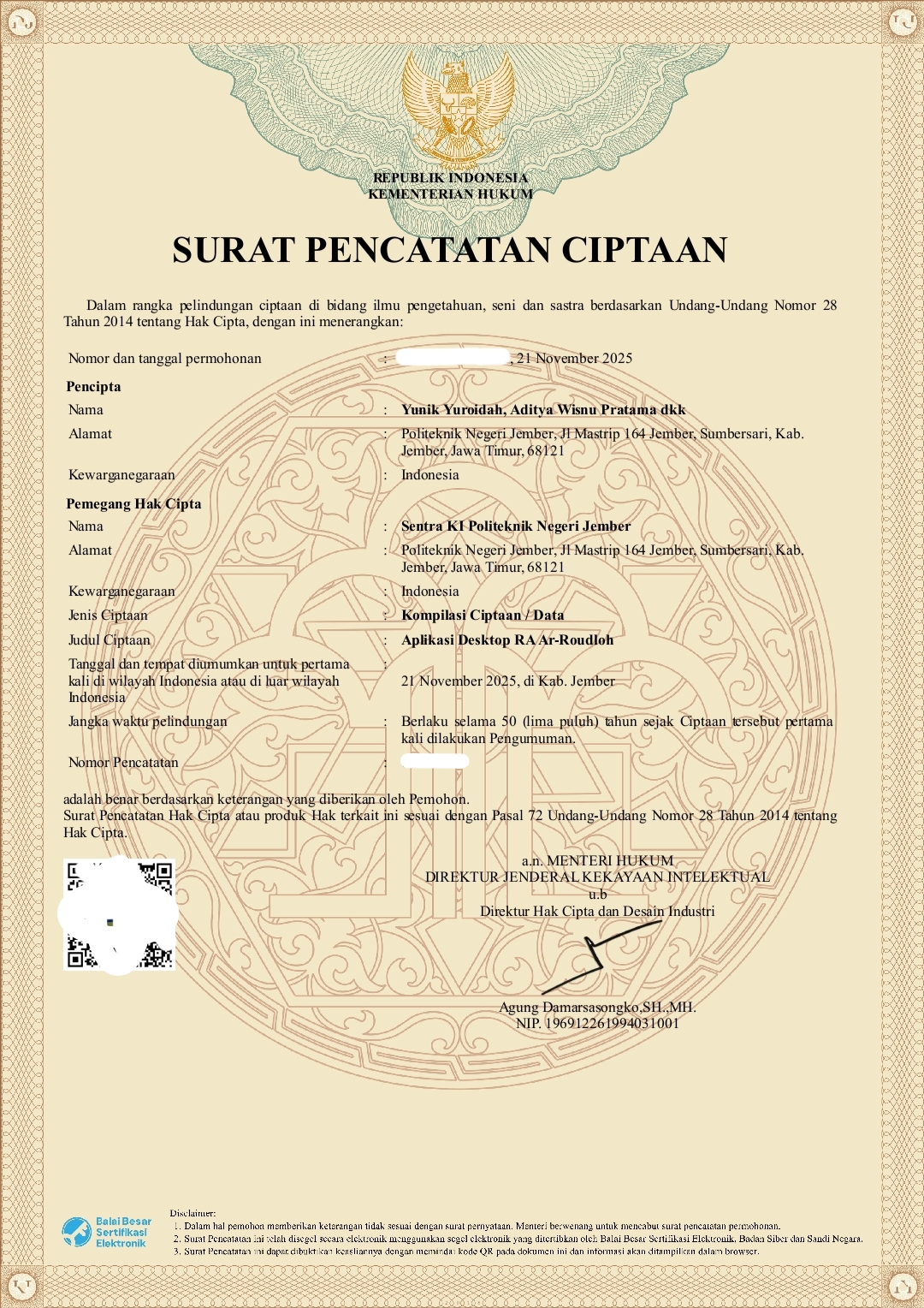 Copyright (HAKI) - Desktop Application "RA Ar-Roudloh" evidence